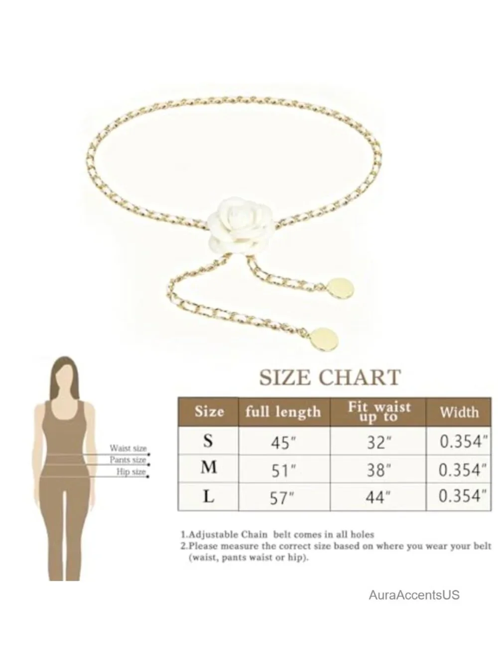 Metal Waist Chain Belt with Camellia Flower Charm - Adjustable Body Chain